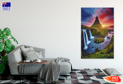 Mountain & Waterfall Sunset Photograph Print 100% Australian Made