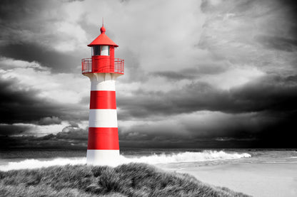 White Red Lighthouse near Sea B&W Photograph Print 100% Australian Made