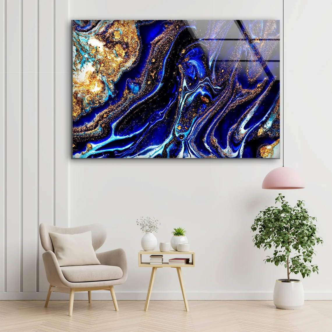 Blue Gold & White Abstract Design Acrylic Glass Print Tempered Glass Wall Art 100% Made in Australia Ready to Hang