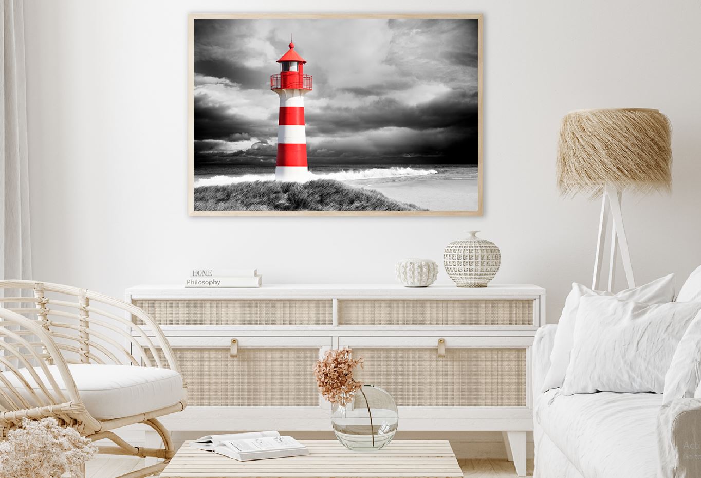 White Red Lighthouse near Sea B&W Photograph Home Decor Premium Quality Poster Print Choose Your Sizes