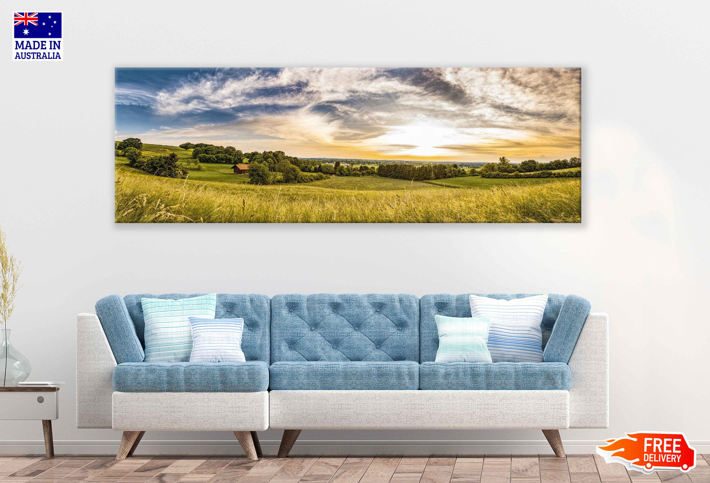 Panoramic Canvas Trees on Grass Field Photograph High Quality 100% Australian Made Wall Canvas Print Ready to Hang