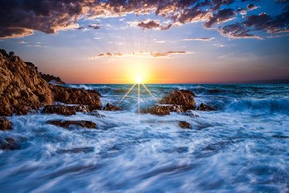 Rocks on Sea Sunset Cloudy Sky Photograph Print 100% Australian Made