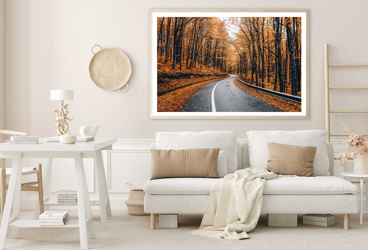 Orange Autumn Trees & Road View Photograph Home Decor Premium Quality Poster Print Choose Your Sizes