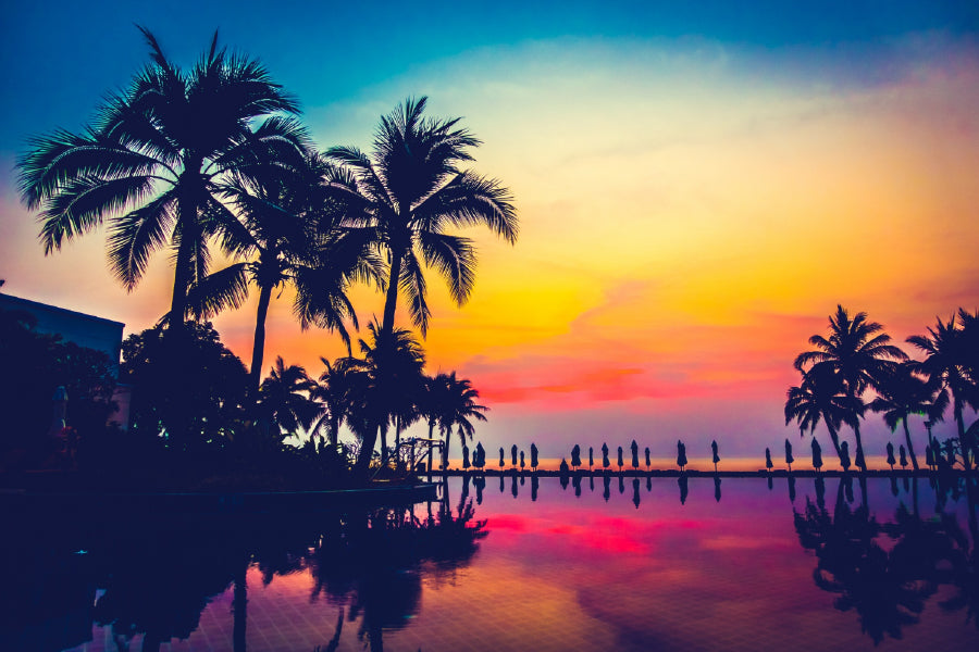 Palm Trees in Pool Sunset View Photograph Print 100% Australian Made