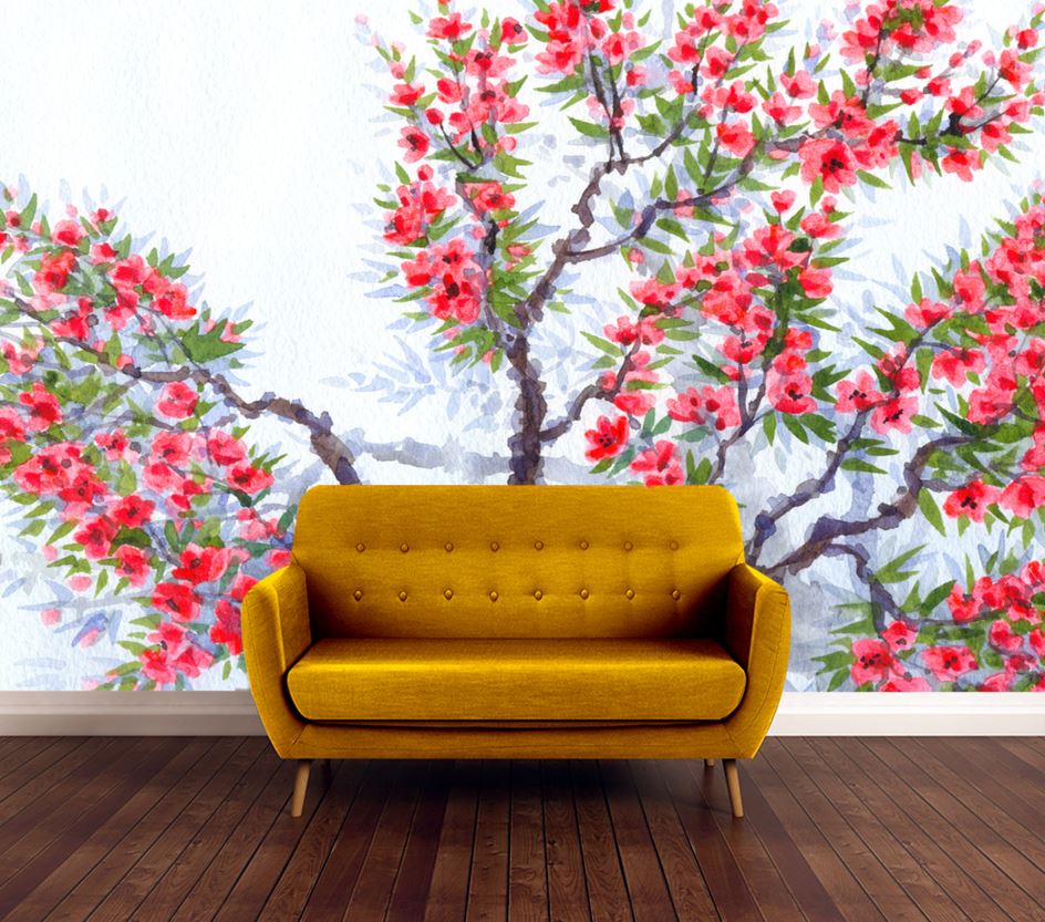 Wallpaper Murals Peel and Stick Removable The Bright Red Flowers & Lush Green Foliage Watercolor Painting High Quality