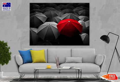 Black Umbrellas with Red B&W View Photograph Print 100% Australian Made