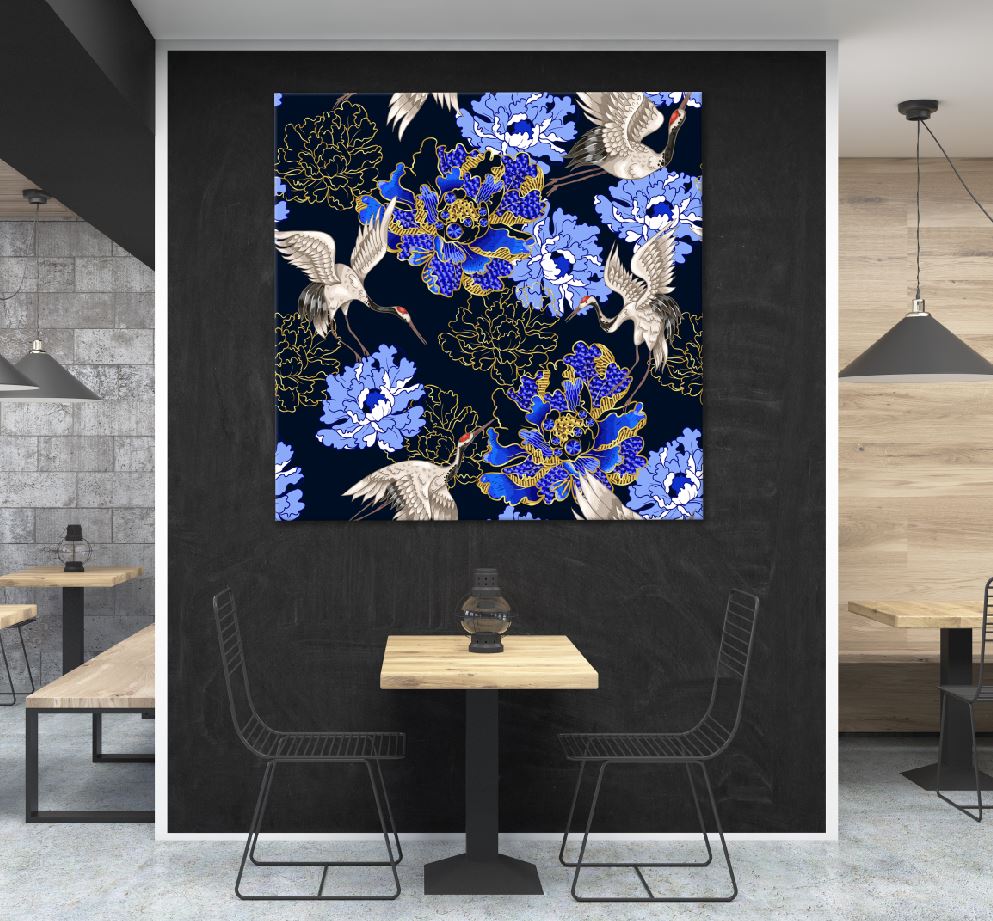 Square Canvas Blue Flowers & Birds Vector Art High Quality Print 100% Australian Made