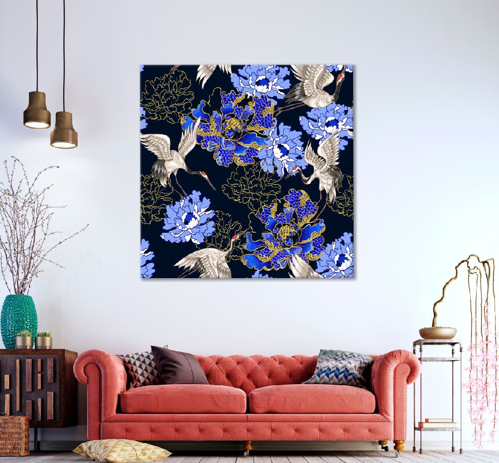 Square Canvas Blue Flowers & Birds Vector Art High Quality Print 100% Australian Made