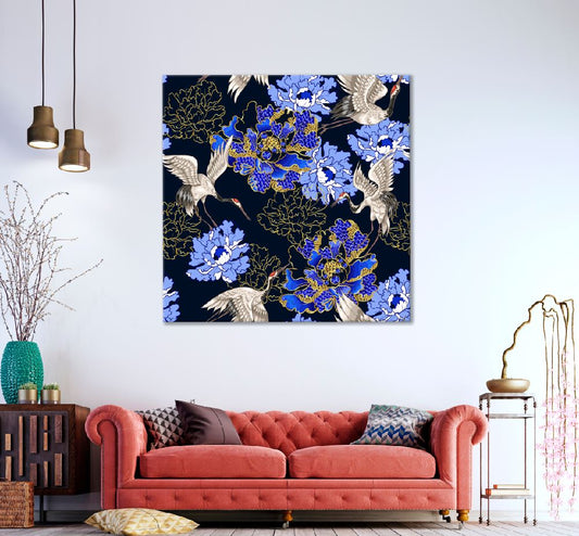 Square Canvas Blue Flowers & Birds Vector Art High Quality Print 100% Australian Made