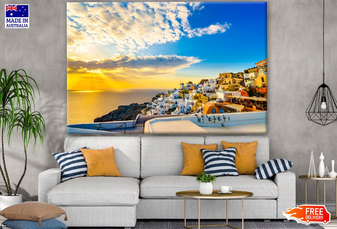 Old Town of Oia Village at Sunset, Santorini Island in Greece Photograph Print 100% Australian Made