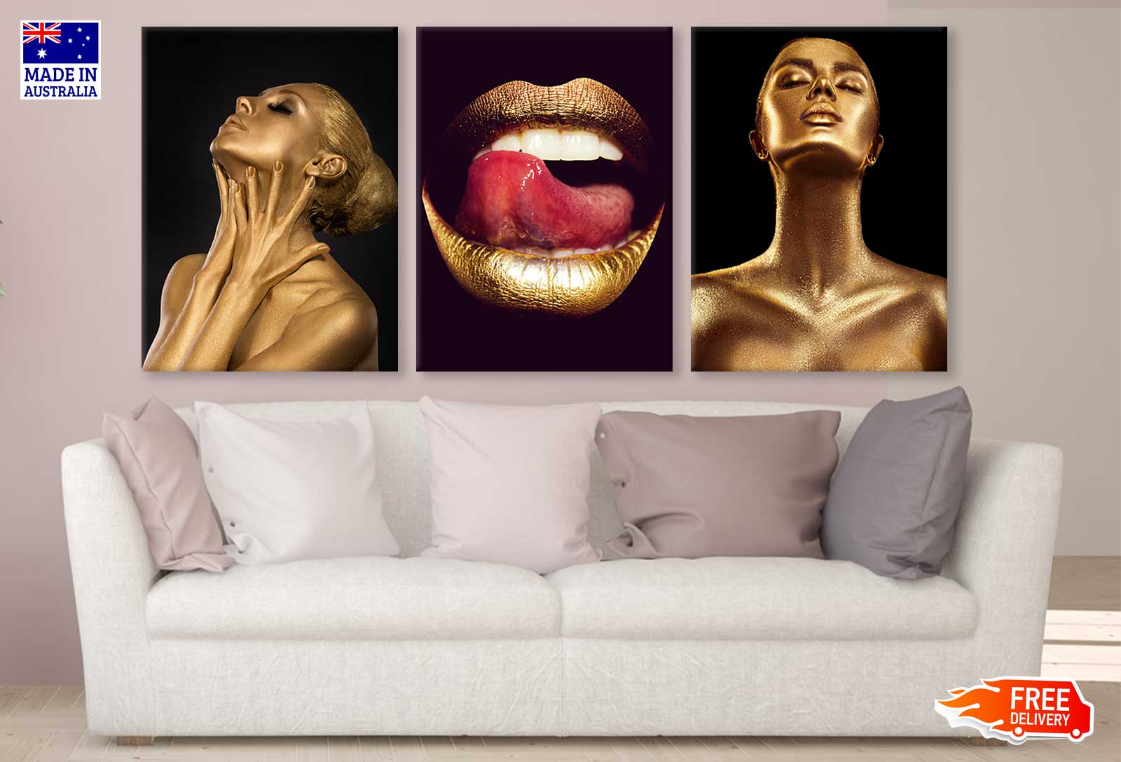 3 Set of Gold Skin Makeup Girl & Lips High Quality Print 100% Australian Made Wall Canvas Ready to Hang