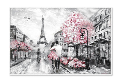 Romantic Paris Street Eiffel Tower & Flower Trees Wall Art Limited Edition High Quality Print Canvas Box Framed White