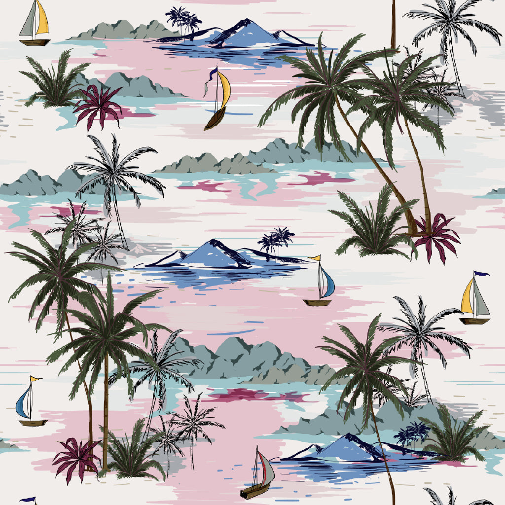 Square Canvas Palm Trees & Boats Sea Vector Art High Quality Print 100% Australian Made