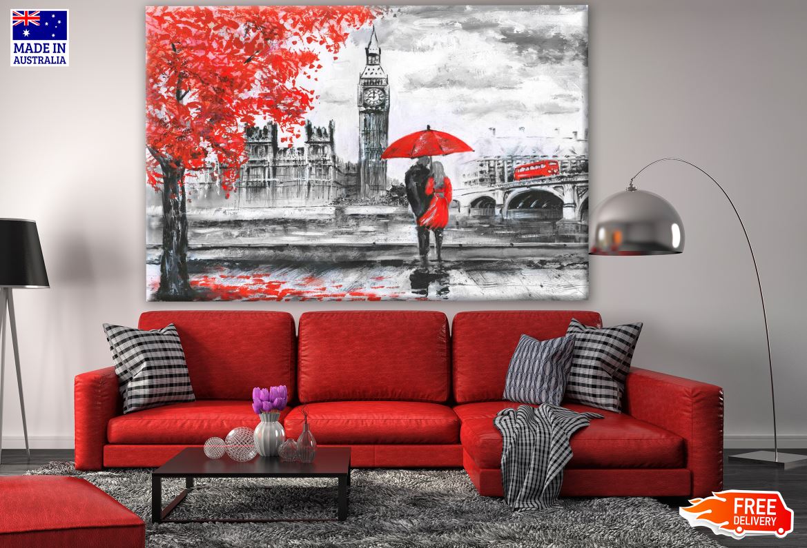 Couple Under Red Umbrella with B&W London City Painting Print 100% Australian Made