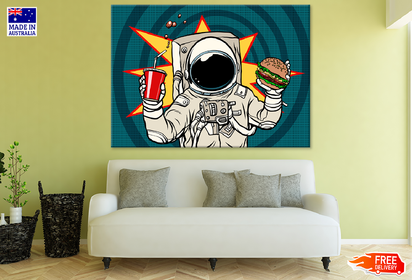 Astronaut Holding Burger & Cola Drink Illustration Print 100% Australian Made