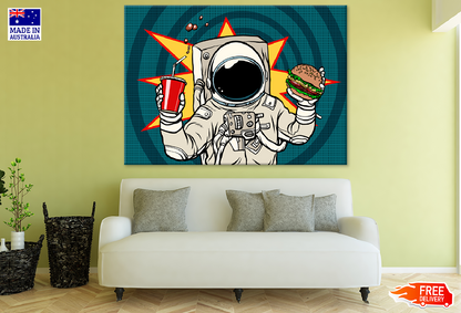 Astronaut Holding Burger & Cola Drink Illustration Print 100% Australian Made