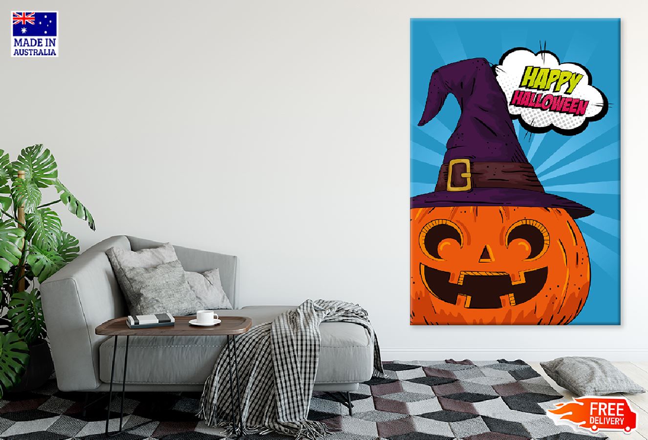 Happy Halloween Chat Bubble & Pumpkin Art Illustration Print 100% Australian Made