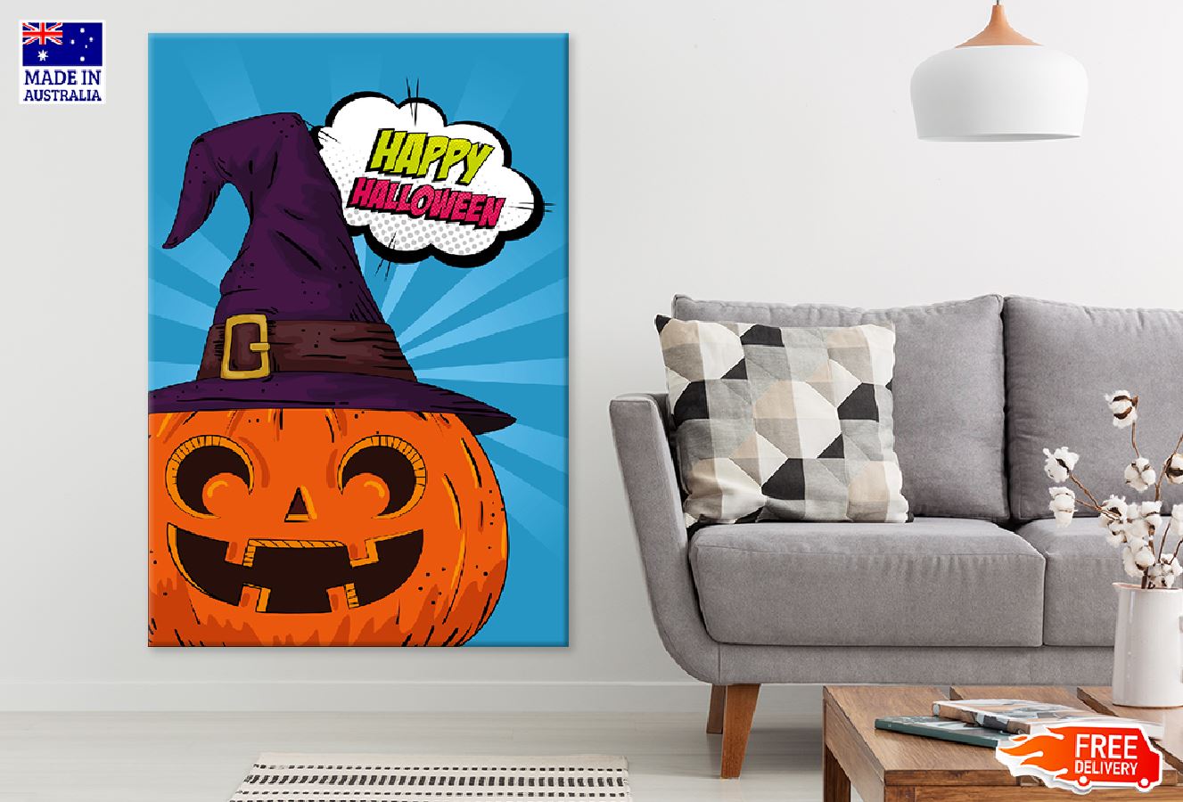 Happy Halloween Chat Bubble & Pumpkin Art Illustration Print 100% Australian Made