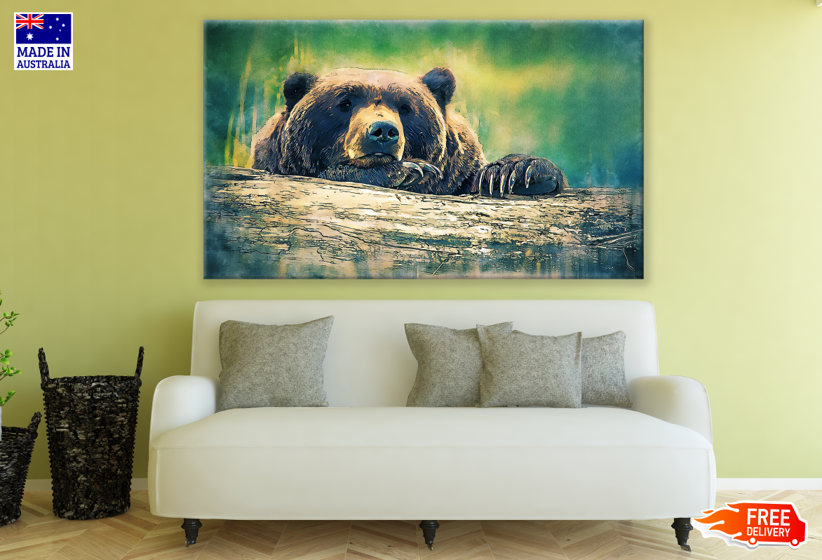 Bear Looking over a Tree trunk Painting Print 100% Australian Made