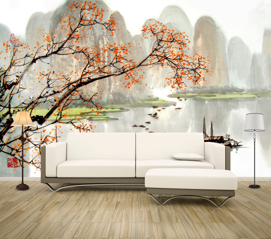 Wallpaper Murals Peel and Stick Removable Tree in a Lake Painting High Quality