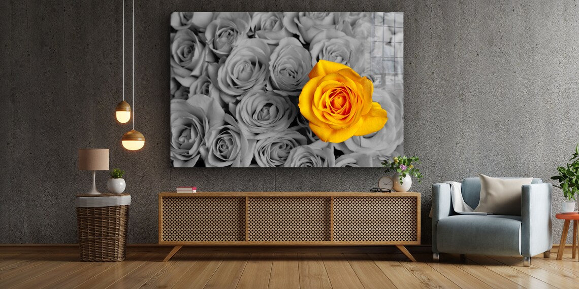 Yellow Rose B&W Roses Print Tempered Glass Wall Art 100% Made in Australia Ready to Hang