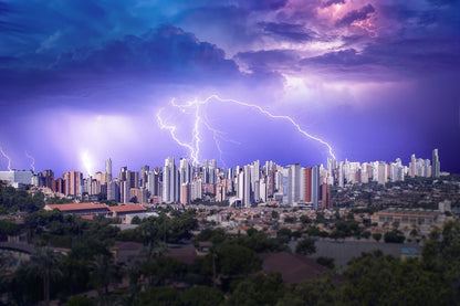 Thunder Storm with Various Lightnings on City View Print 100% Australian Made