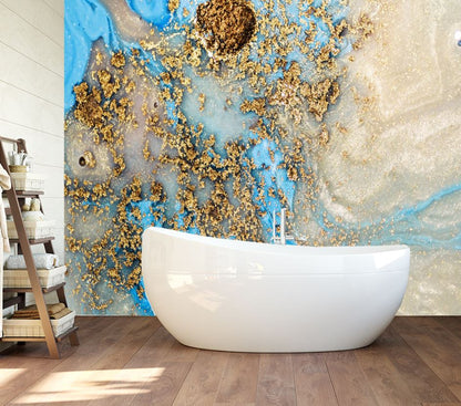 Wallpaper Murals Peel and Stick Removable Gold & Blue Abstract Granite Design High Quality