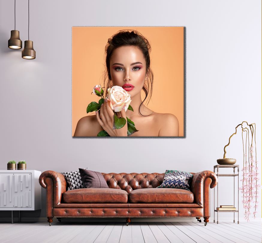 Square Canvas Beautiful Woman Holding A Rose Flower Photogrpah High Quality Print 100% Australian Made