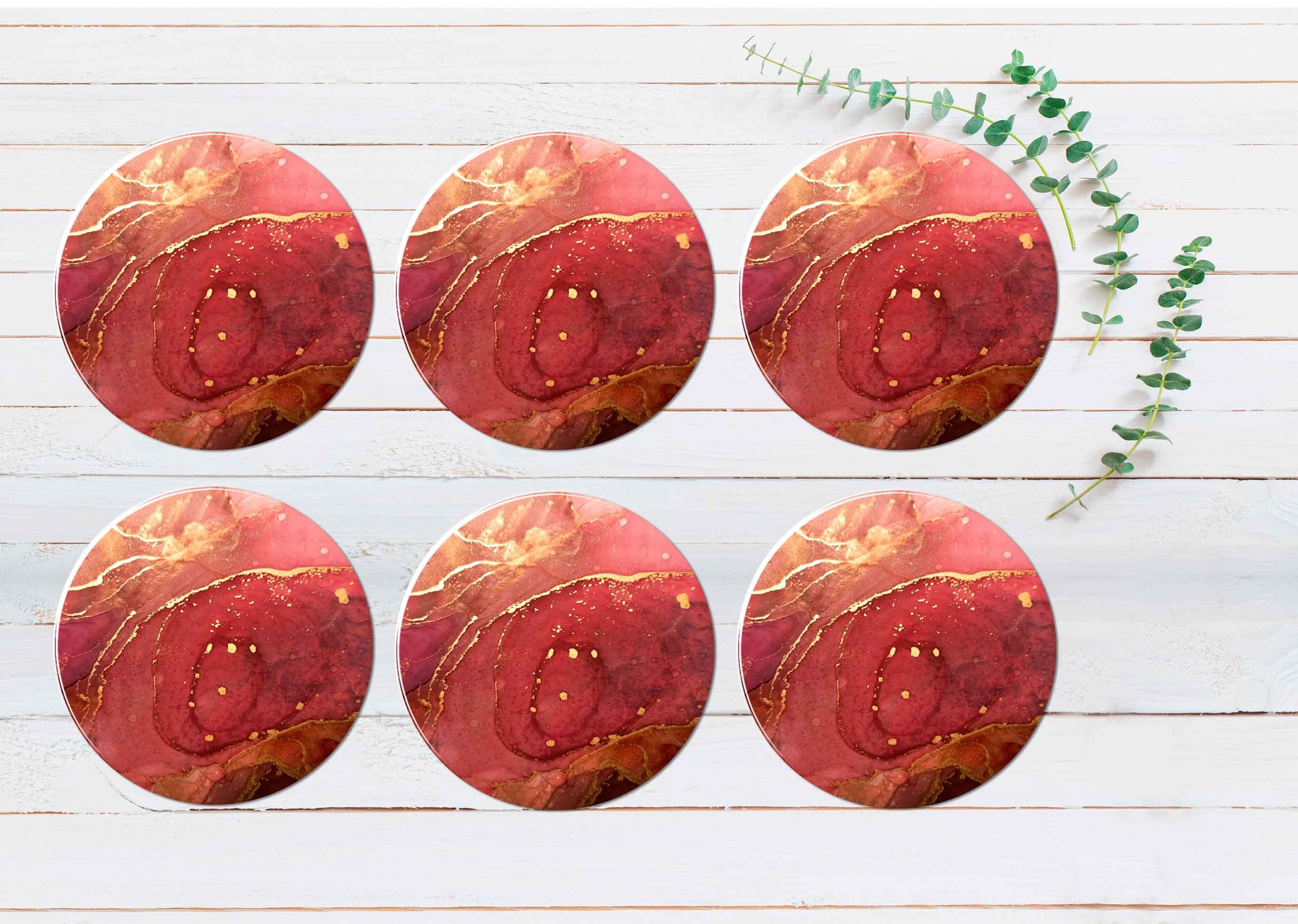 Pink Red & Gold Lines Marble Abstract Coasters Wood & Rubber - Set of 6 Coasters