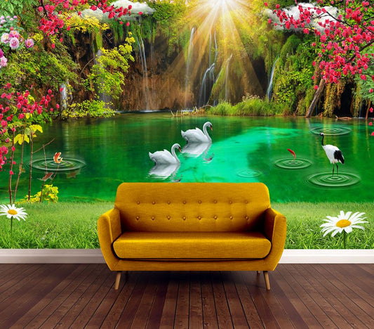 Wallpaper Murals Peel and Stick Removable Swans on Lake Nature Landscape High Quality