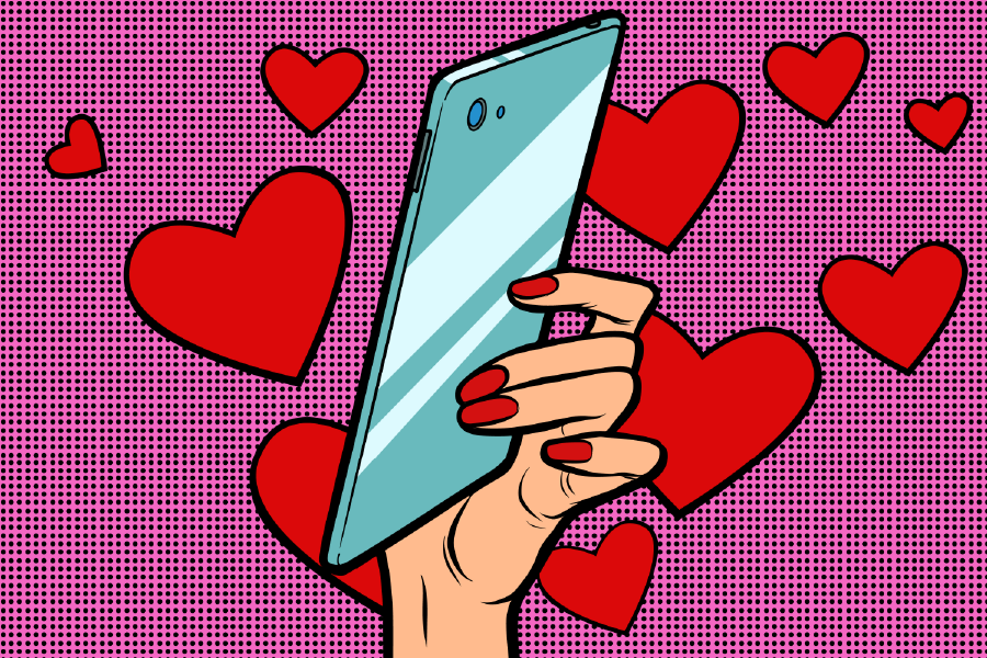 Girl Holding a Phone & Heart Shapes Illustration Print 100% Australian Made