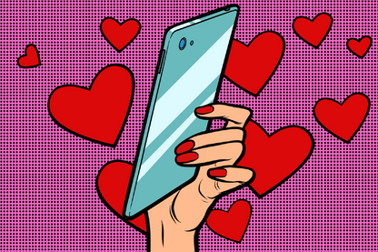 Girl Holding a Phone & Heart Shapes Illustration Print 100% Australian Made
