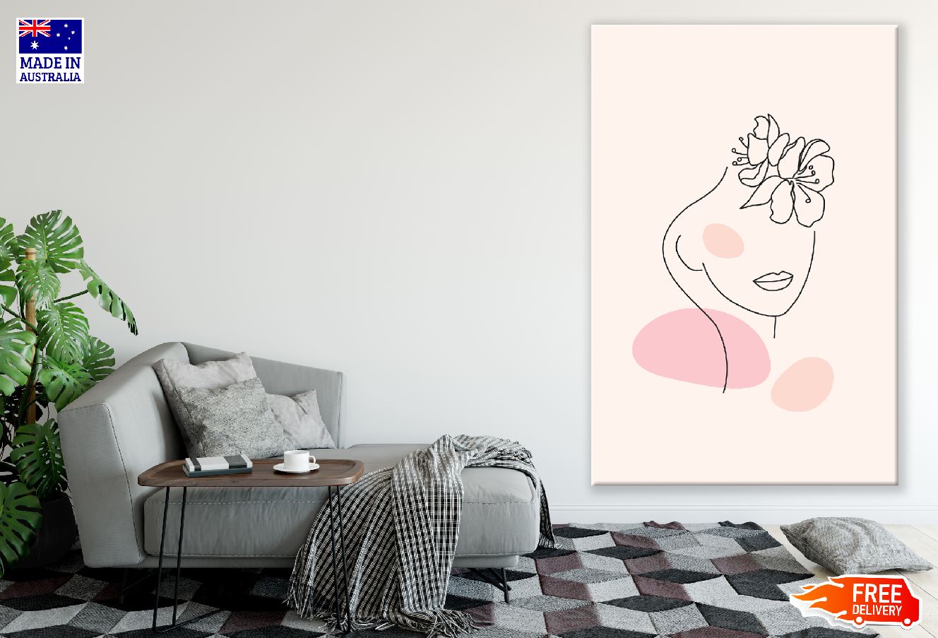 Woman With Floral Line Art Design Print 100% Australian Made