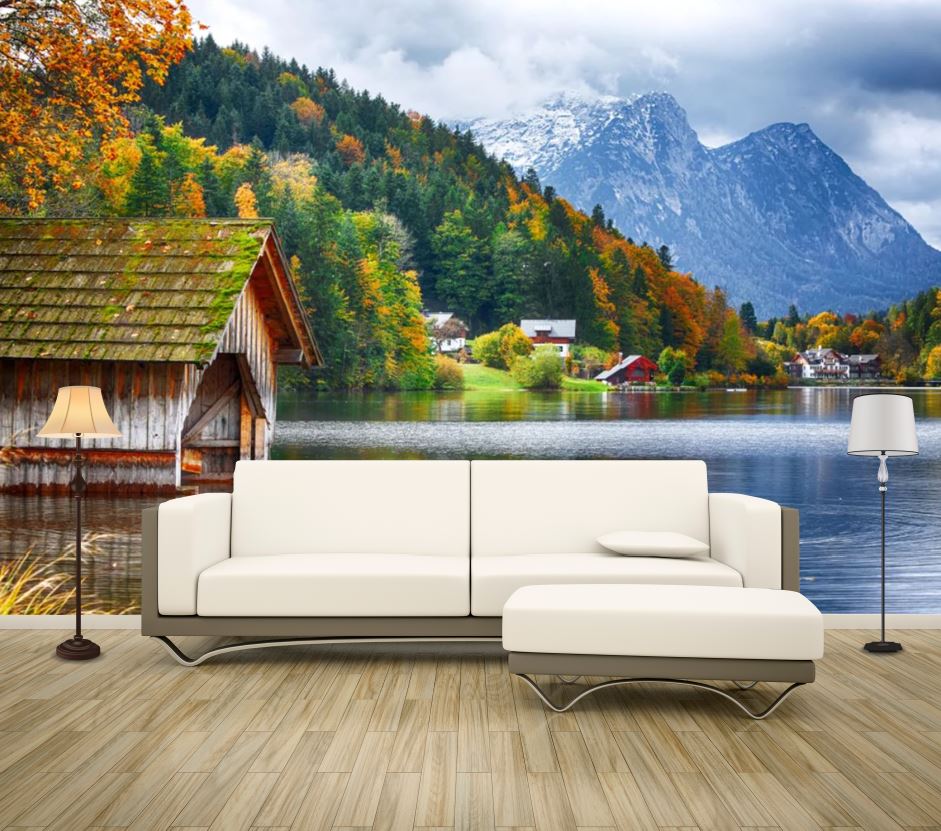 Wallpaper Murals Peel and Stick Removable Lake with Forest & House Photograph High Quality