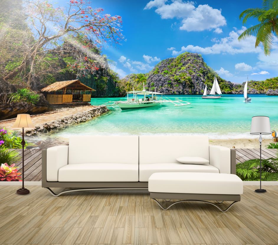 Wallpaper Murals Peel and Stick Removable Beach with Boats & Resort High Quality