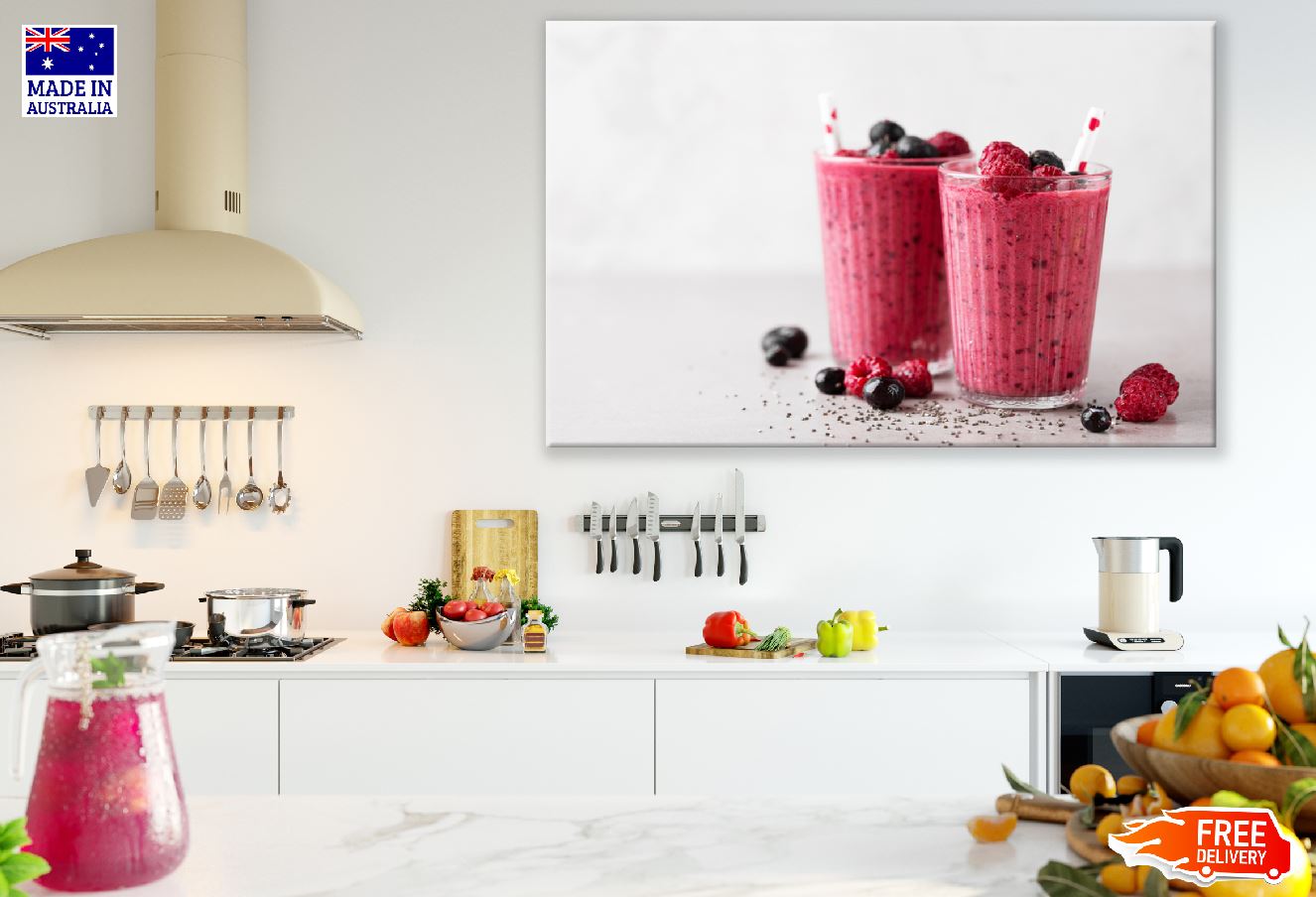 Red Berry Smoothie with Chia Seeds in Glasses Photograph Print 100% Australian Made