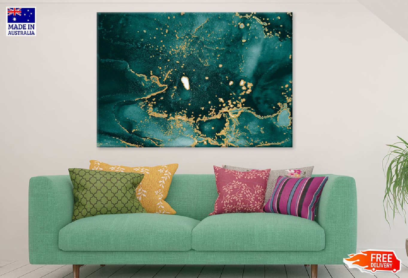 Dark Green & Gold Splash Abstract Design Print 100% Australian Made