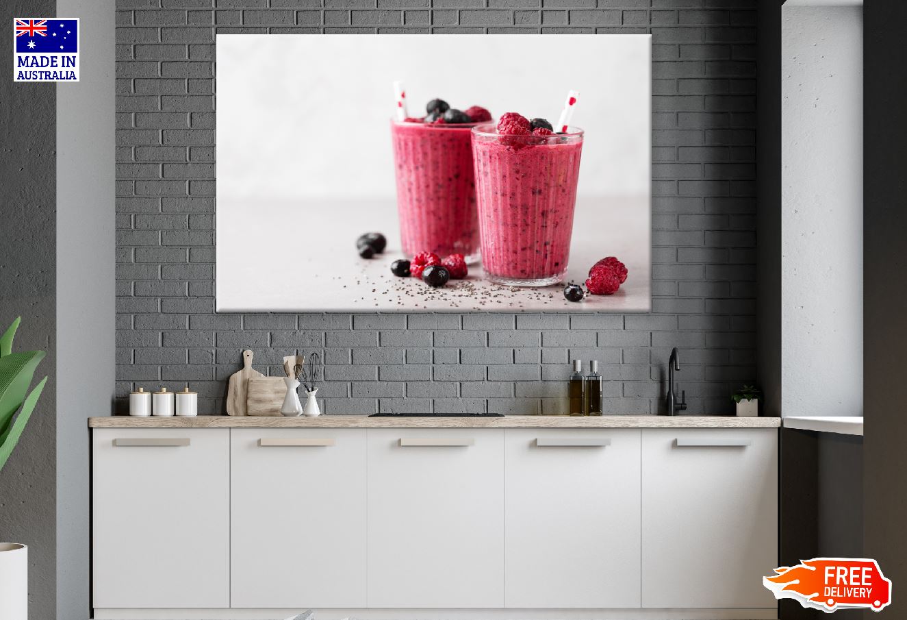 Red Berry Smoothie with Chia Seeds in Glasses Photograph Print 100% Australian Made