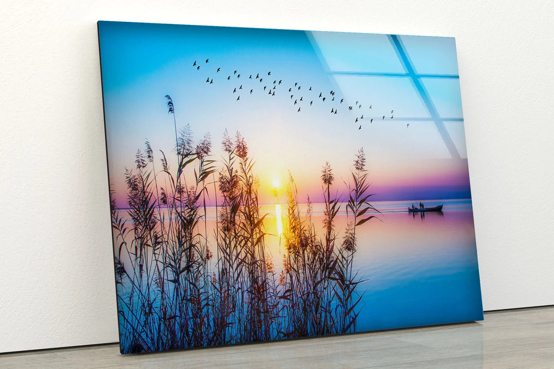 Boat on Lake Sunset Scenery Photograph Acrylic Glass Print Tempered Glass Wall Art 100% Made in Australia Ready to Hang