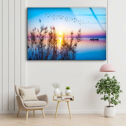 Boat on Lake Sunset Scenery Photograph Acrylic Glass Print Tempered Glass Wall Art 100% Made in Australia Ready to Hang