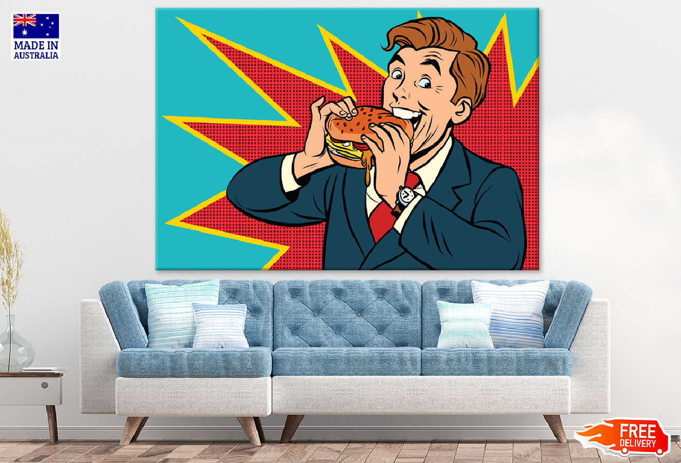 Man Eating Burger Illustration Print 100% Australian Made
