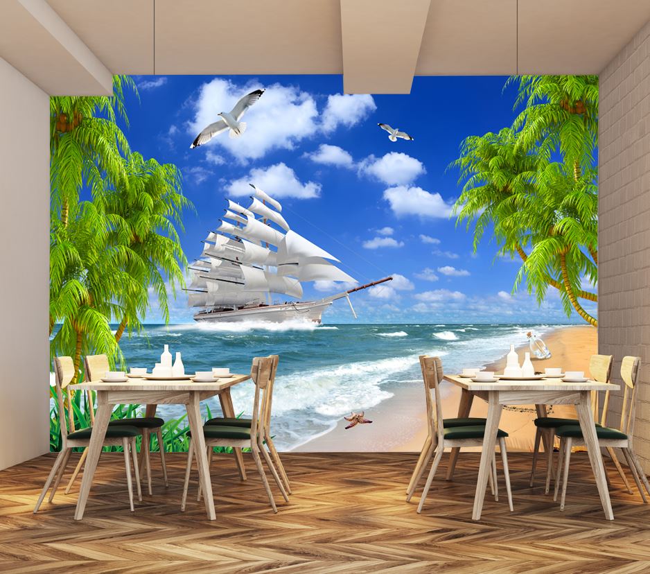 Wallpaper Murals Peel and Stick Removable Ship Sailing on Beach High Quality