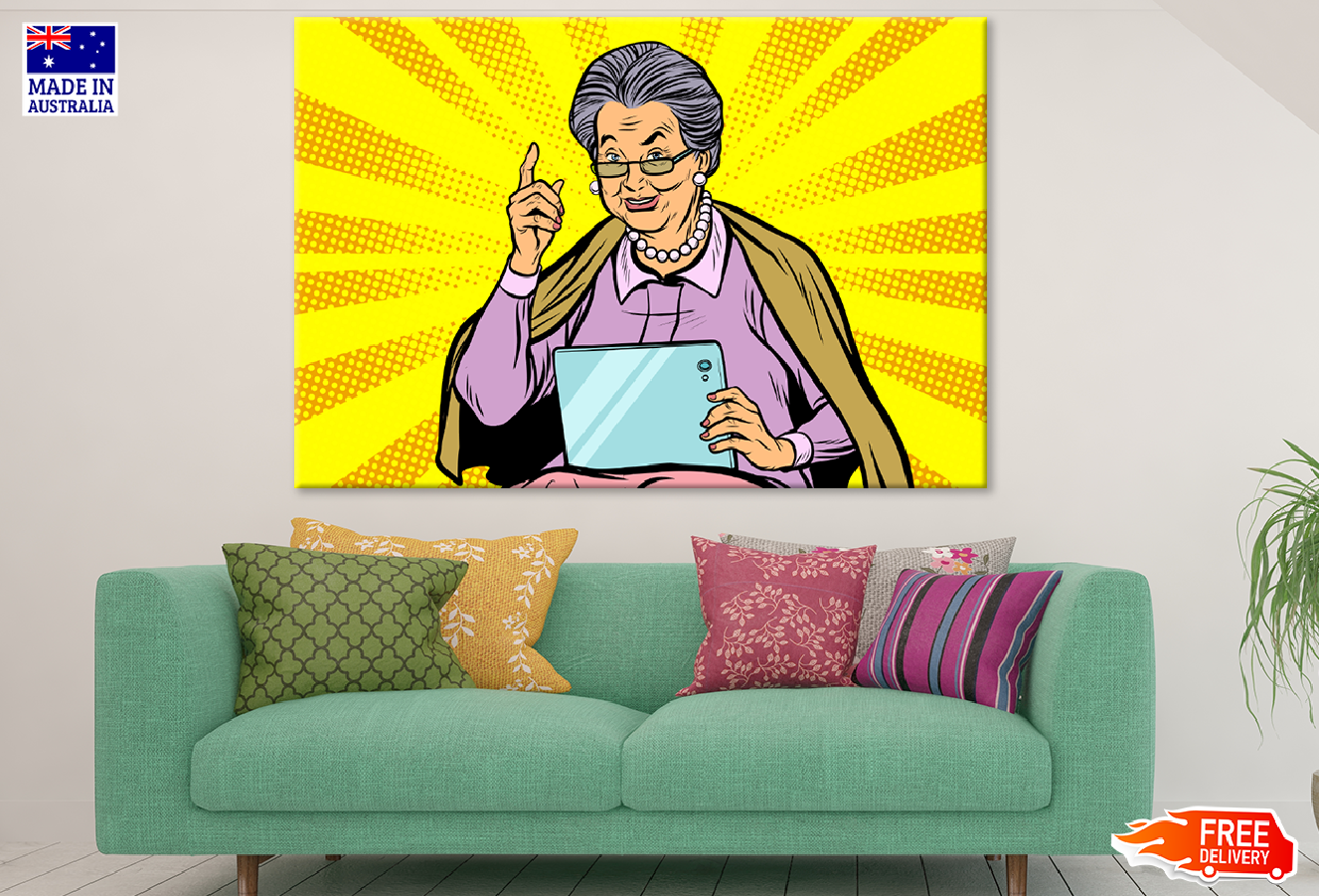 Grand Mother Holding an Ipad Illustration Print 100% Australian Made