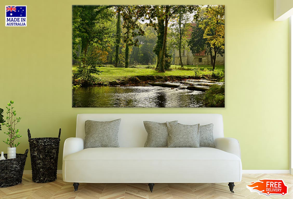 River Near House & Tall Trees Photograph Print 100% Australian Made