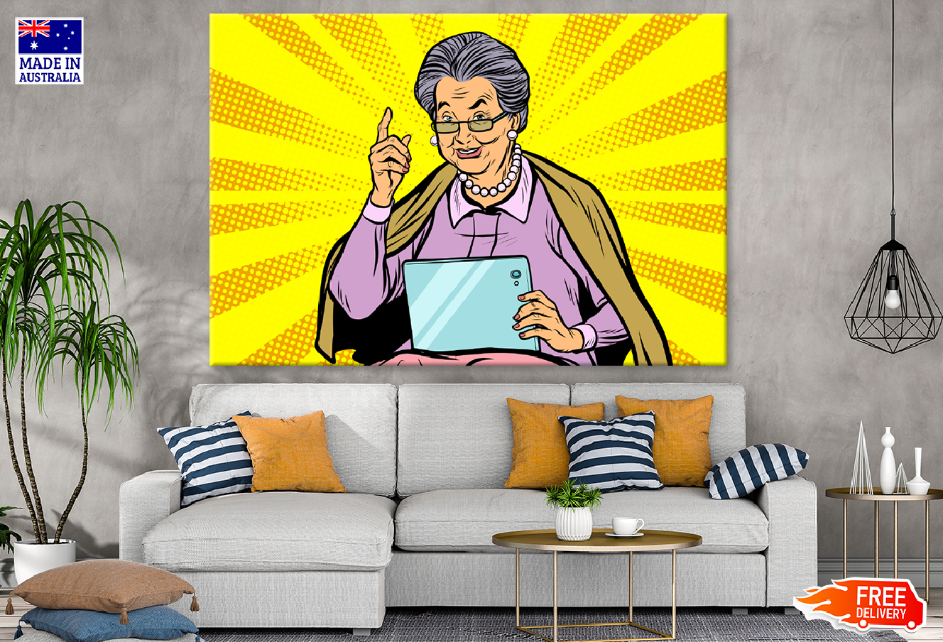 Grand Mother Holding an Ipad Illustration Print 100% Australian Made