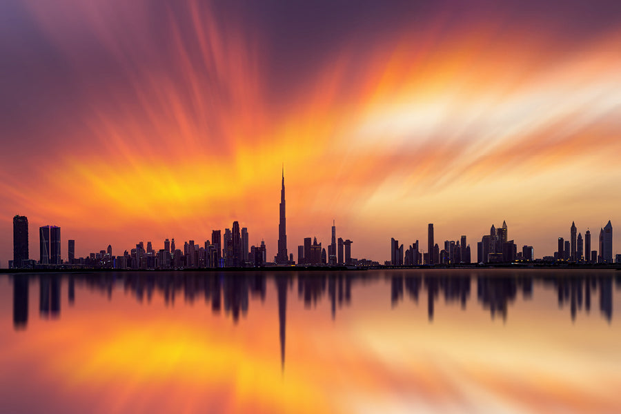 Dubai Skyline with Warm Sunset Photograph Print 100% Australian Made