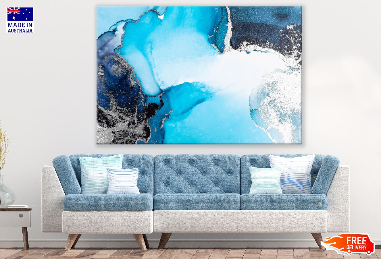 White Blue & Dark Blue Abstract Design Print 100% Australian Made