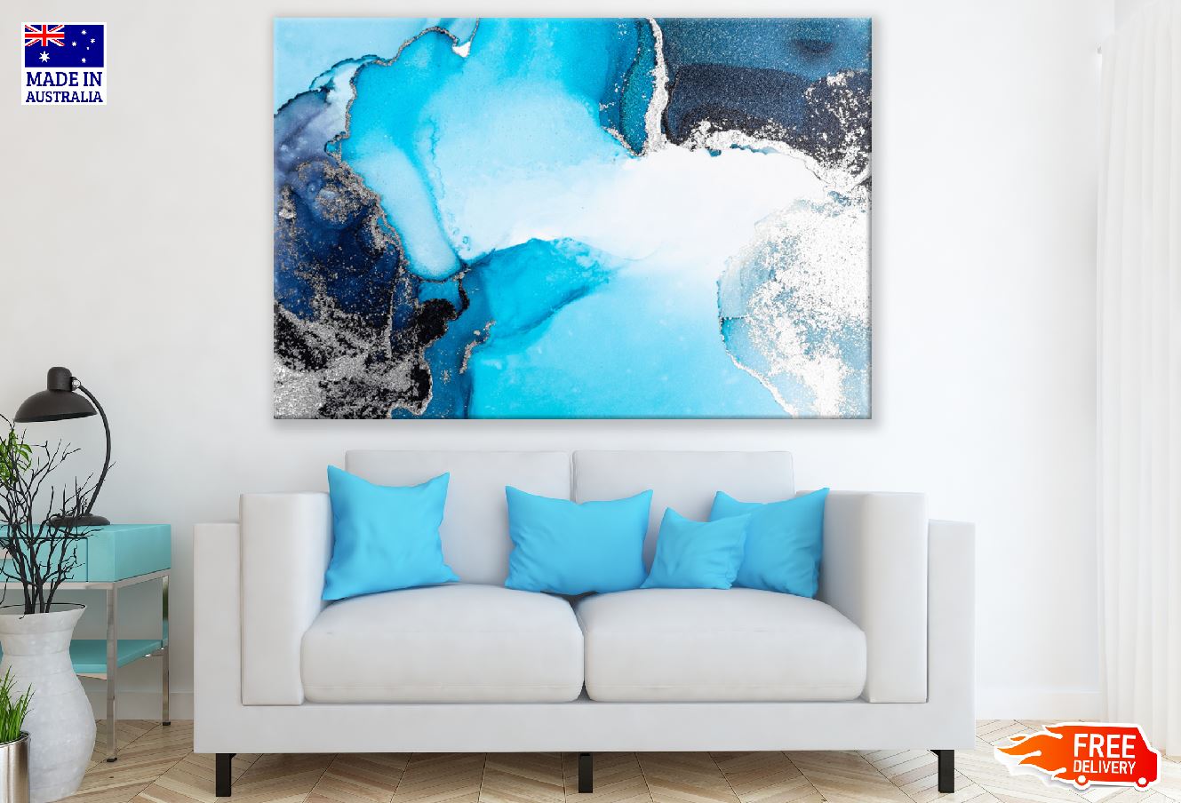 White Blue & Dark Blue Abstract Design Print 100% Australian Made