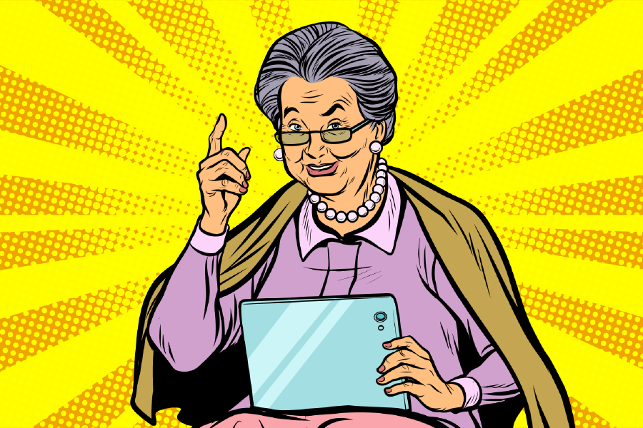 Grand Mother Holding an Ipad Illustration Print 100% Australian Made