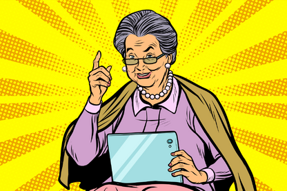 Grand Mother Holding an Ipad Illustration Print 100% Australian Made